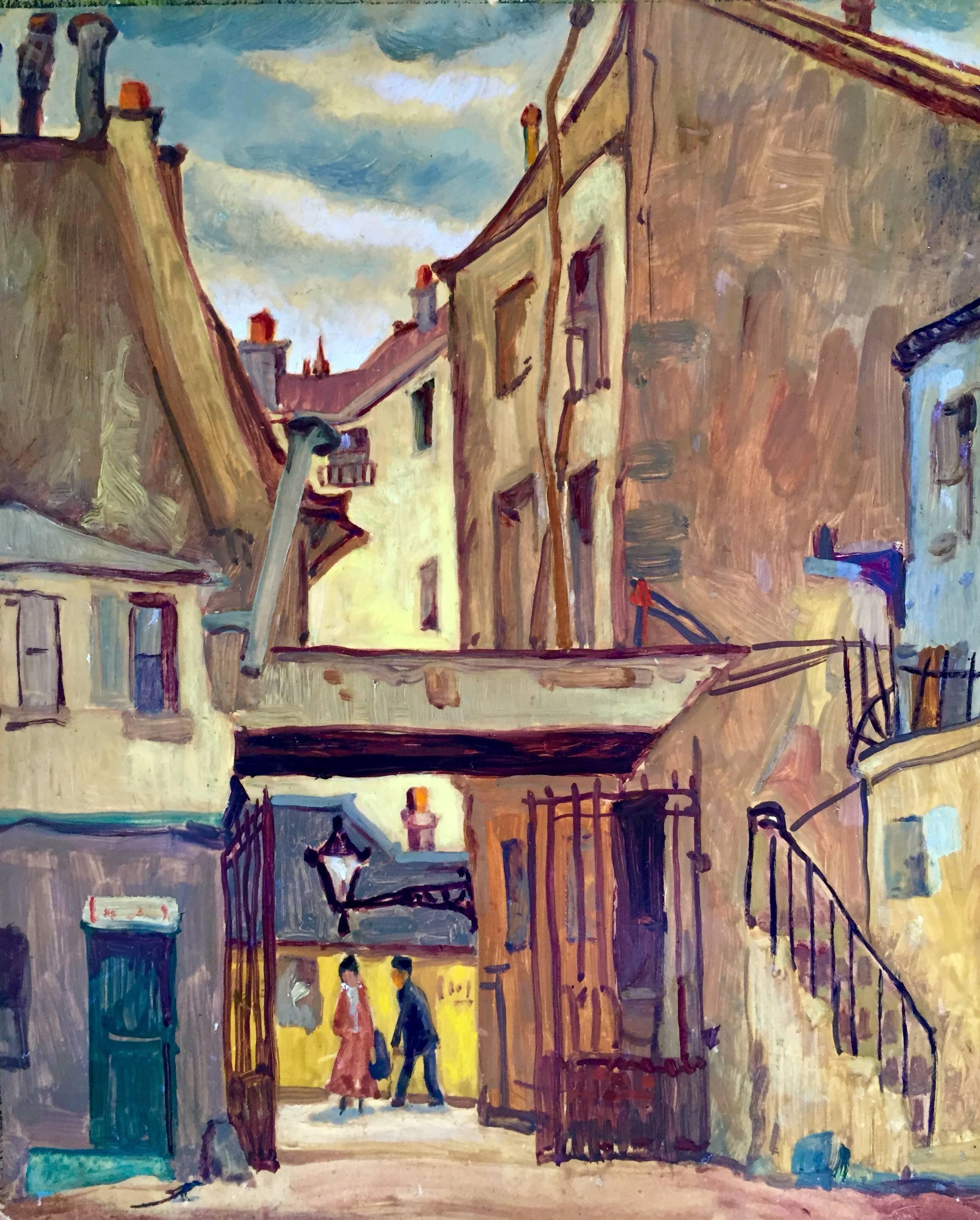 Alvin Robert Raffel Figurative Painting - "View in the Court of Rue Du' Jardinet"