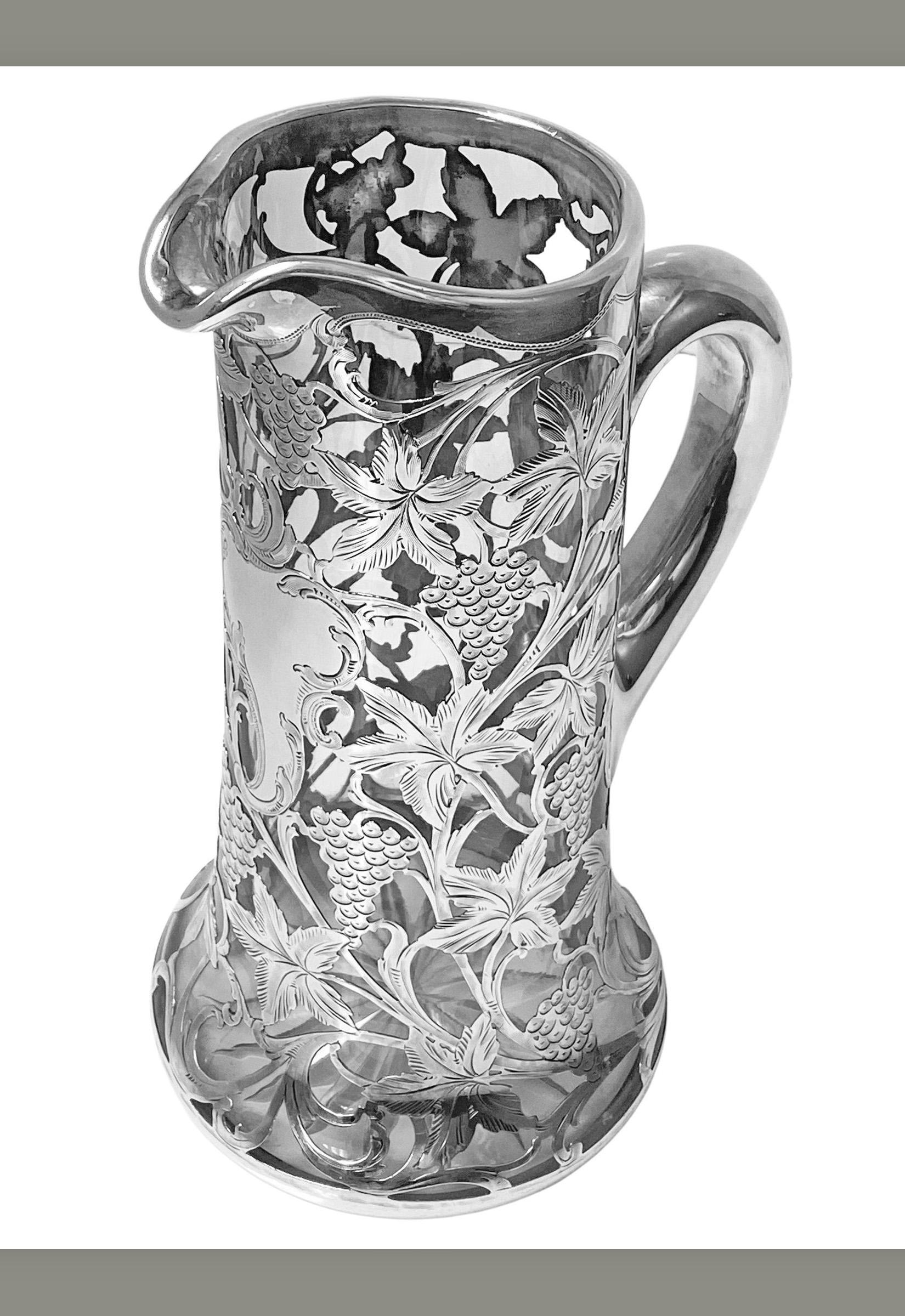 American Alvin Sterling Overlay Glass Jug Pitcher, c. 1900.