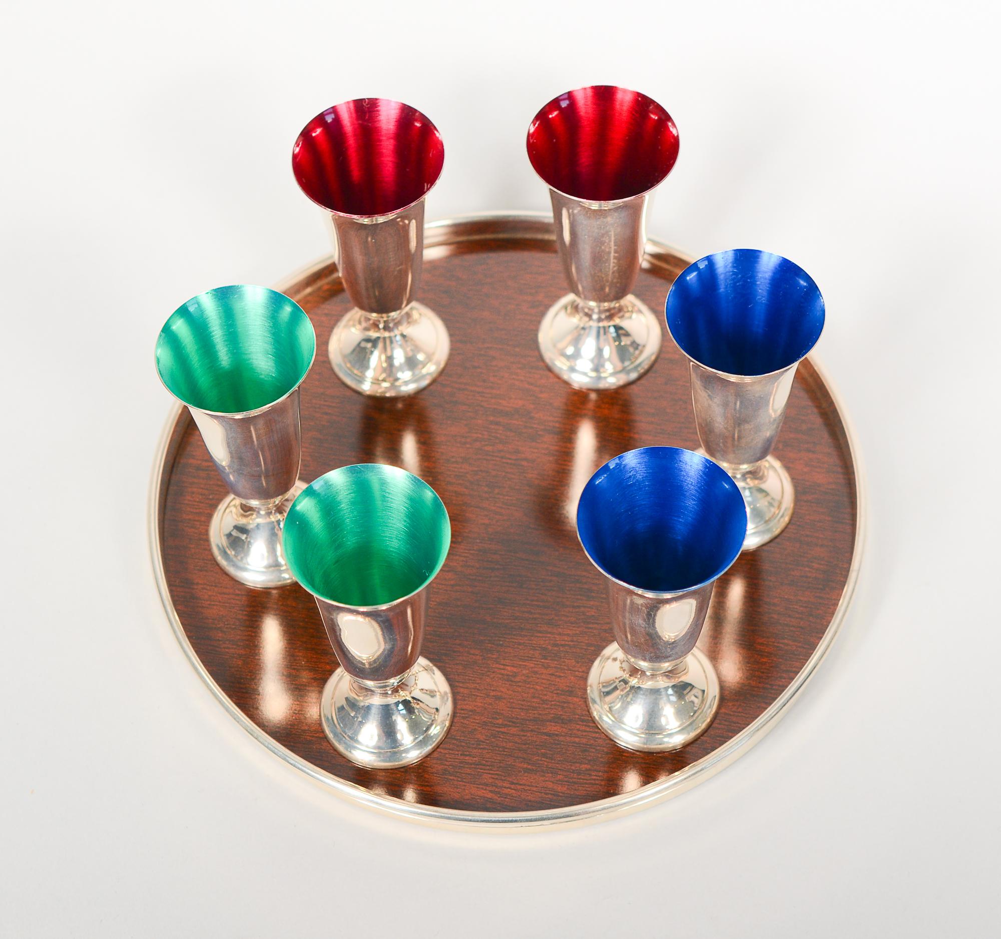 Mid-Century Modern Alvin Sterling Silver and Enamel Cordials and Tray Set For Sale