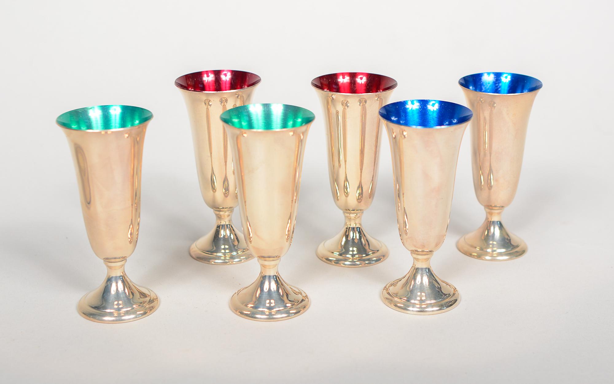 American Alvin Sterling Silver and Enamel Cordials and Tray Set For Sale