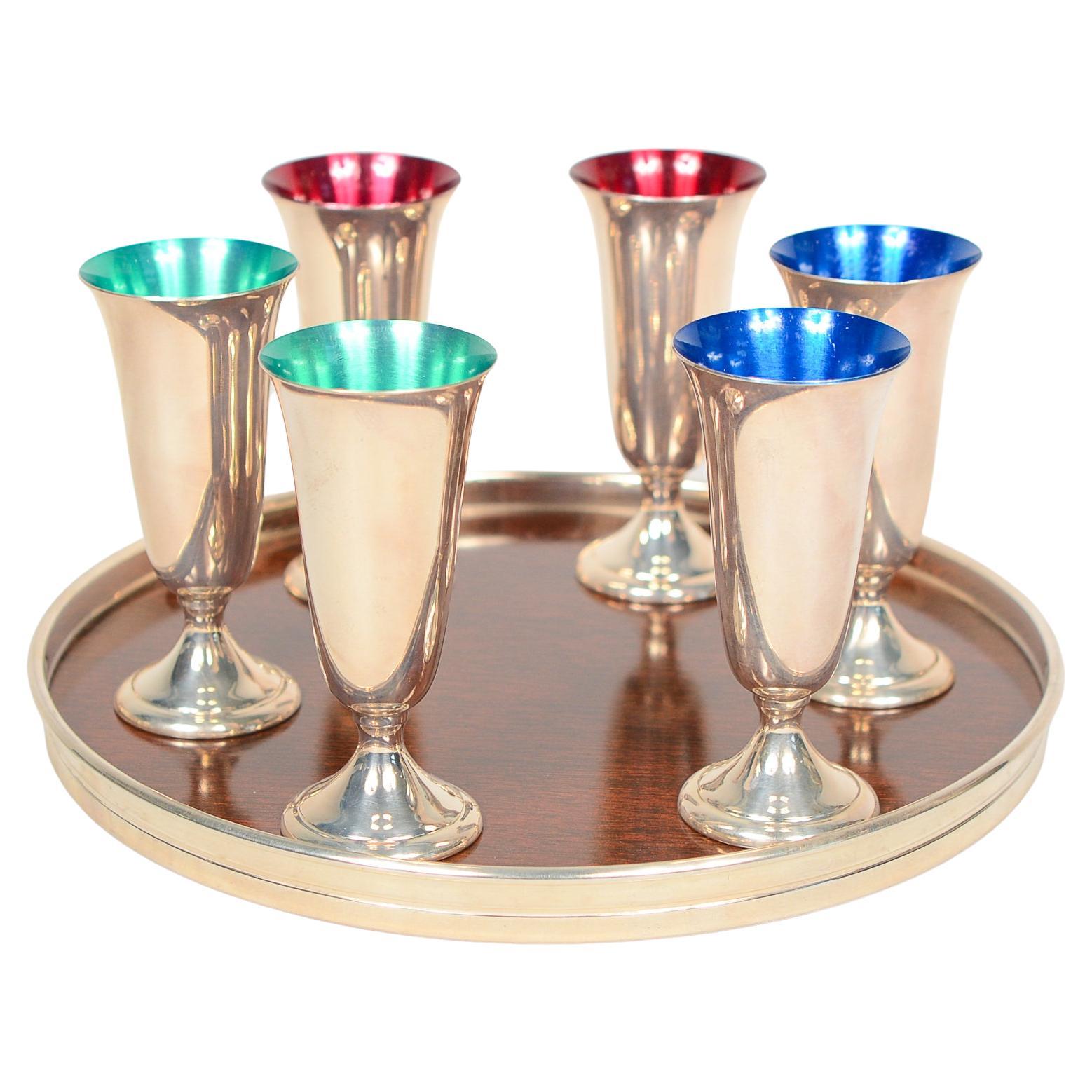 Alvin Sterling Silver and Enamel Cordials and Tray Set For Sale