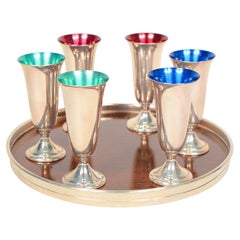 Retro Alvin Sterling Silver and Enamel Cordials and Tray Set