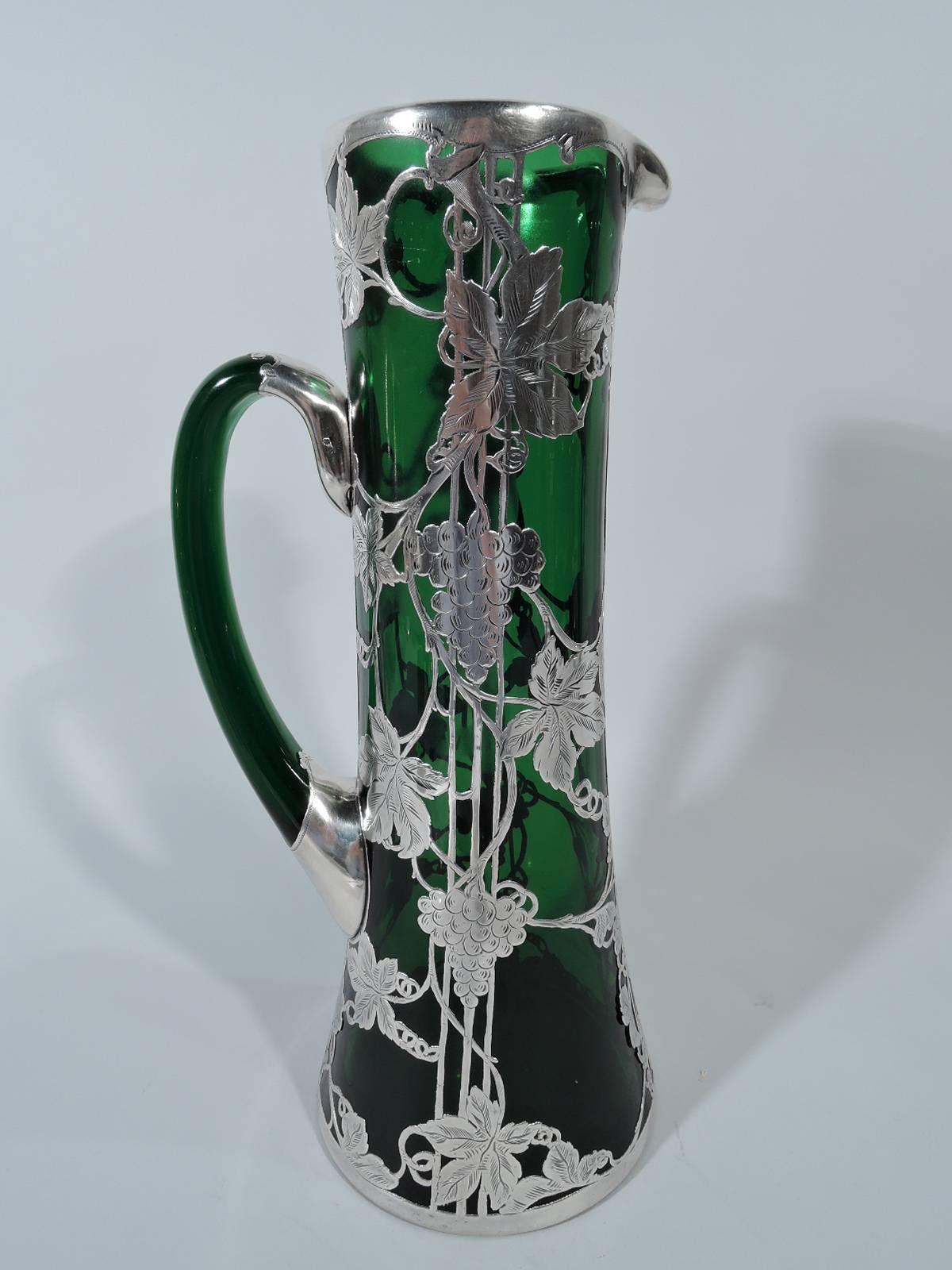 American Alvin Tall Art Nouveau Emerald Green Glass and Silver Overlay Claret Jug
