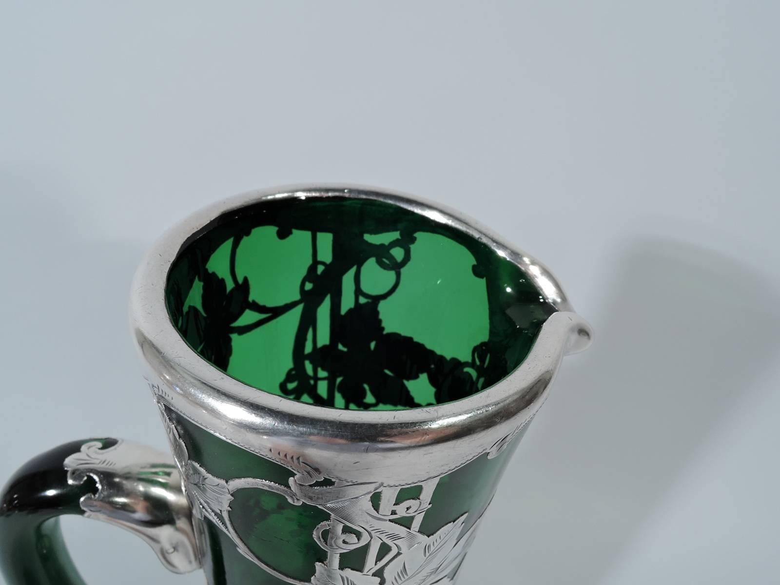 Alvin Tall Art Nouveau Emerald Green Glass and Silver Overlay Claret Jug In Excellent Condition In New York, NY
