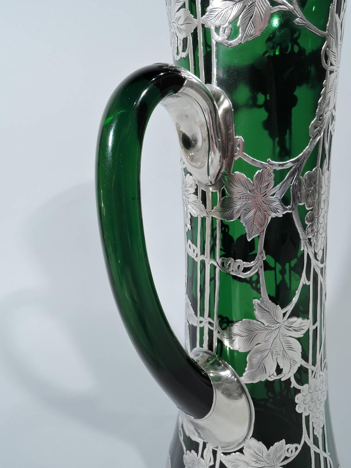 20th Century Alvin Tall Art Nouveau Emerald Green Glass and Silver Overlay Claret Jug