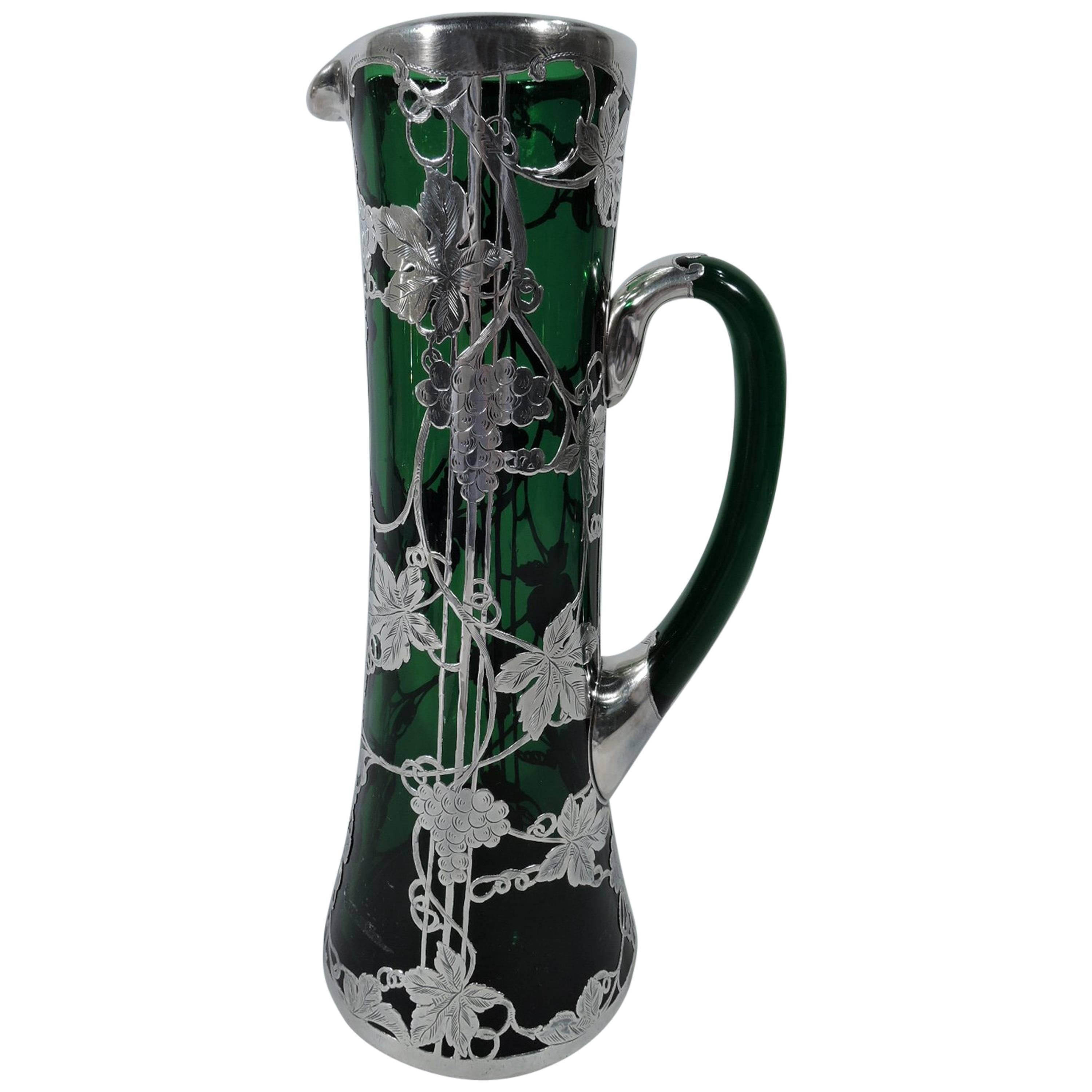 Alvin Tall Art Nouveau Emerald Green Glass and Silver Overlay Claret Jug