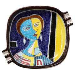 Alvino Bagni for Raymor Ashtray, Ceramic, Cubist Woman, Blue, Yellow, Signed