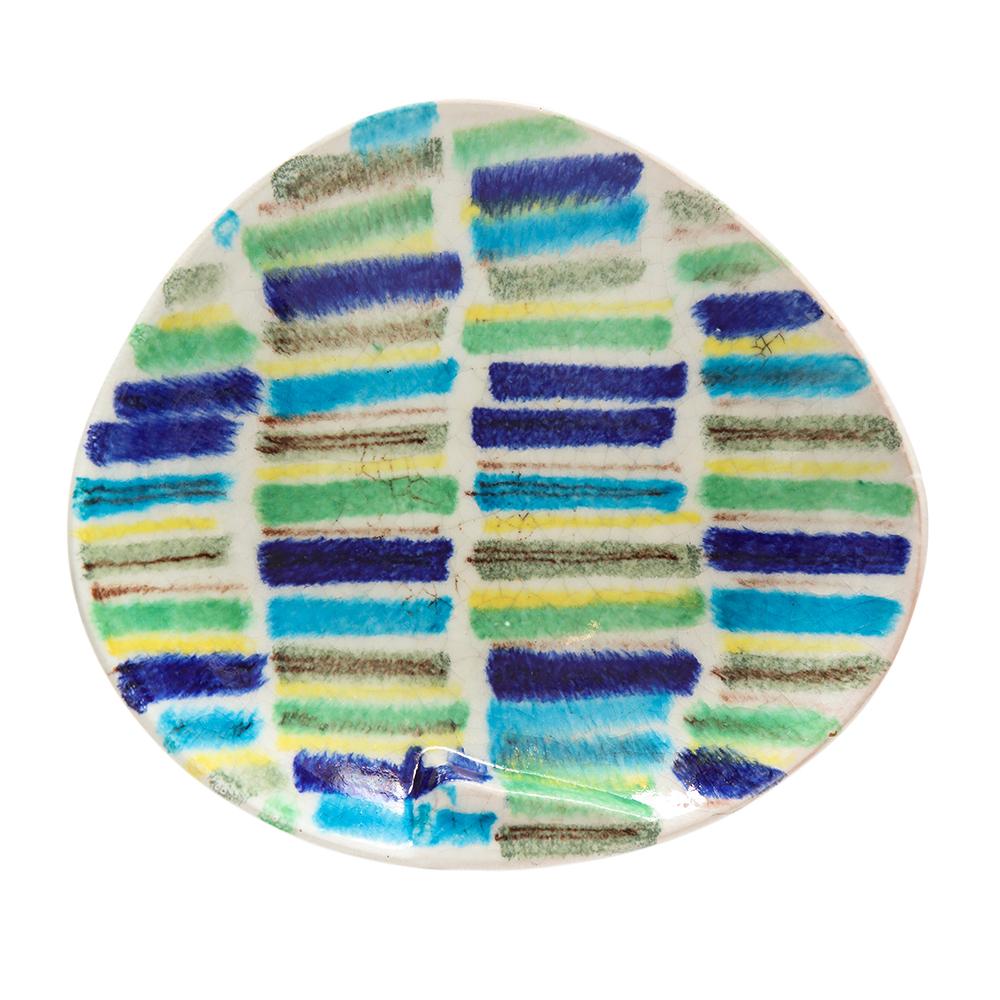 Mid-Century Modern Alvino Bagni Ashtray, Ceramic, Stripes Blue, Yellow, White, Signed For Sale