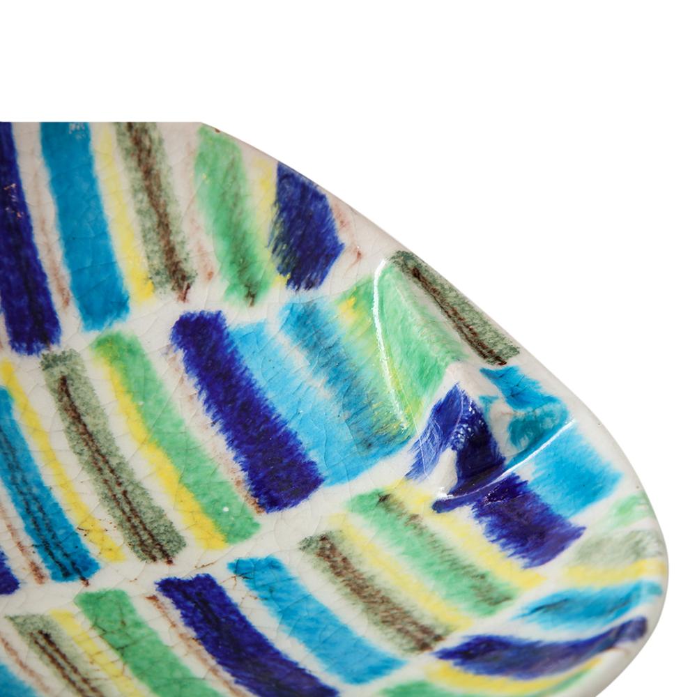 Italian Alvino Bagni Ashtray, Ceramic, Stripes Blue, Yellow, White, Signed For Sale