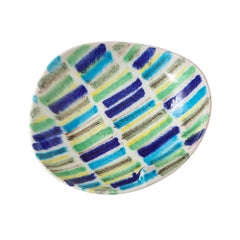 Alvino Bagni Ashtray, Ceramic, Stripes Blue, Yellow, White, Signed