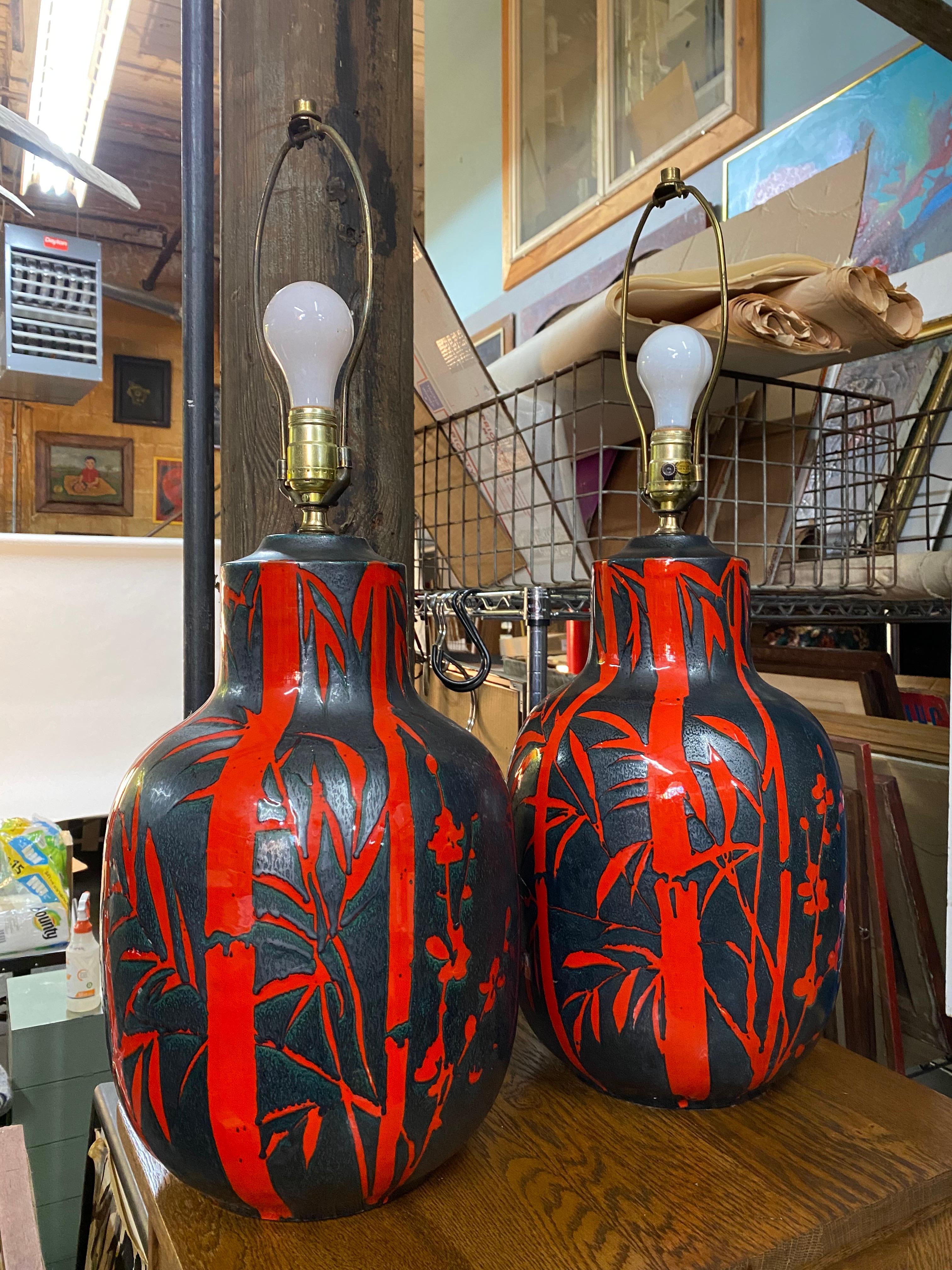 Paire de lampes de bureau Alvino Bagni Bitossi en poterie de bambou et papillons en vente 13