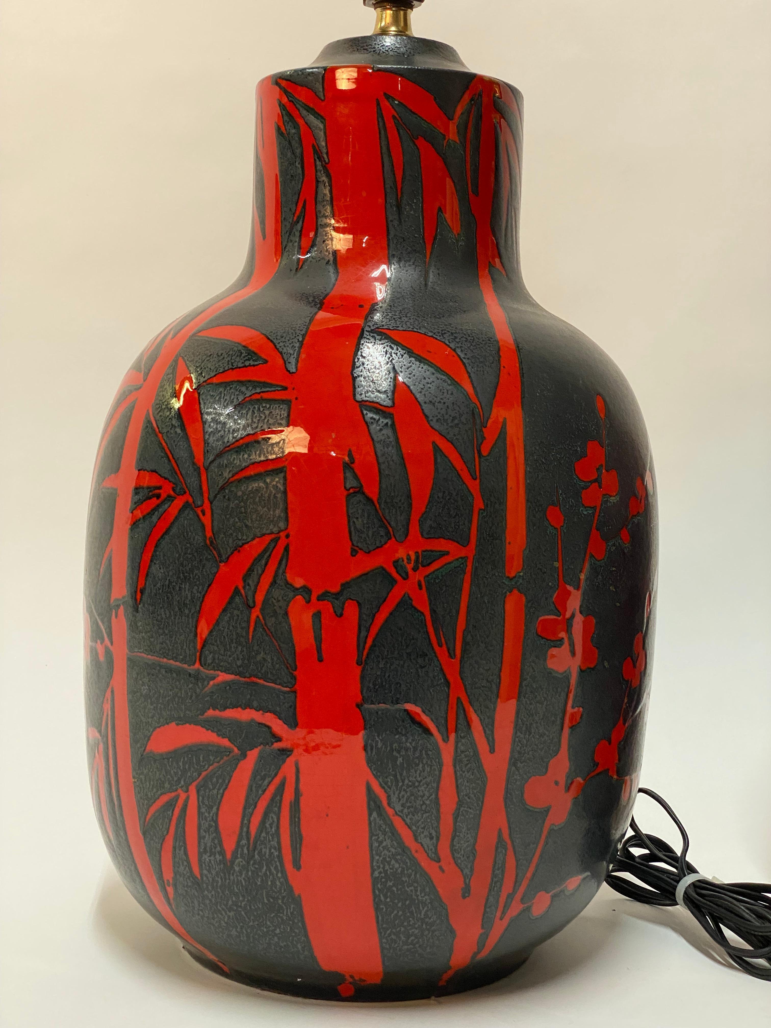 Paire de lampes de bureau Alvino Bagni Bitossi en poterie de bambou et papillons en vente 1