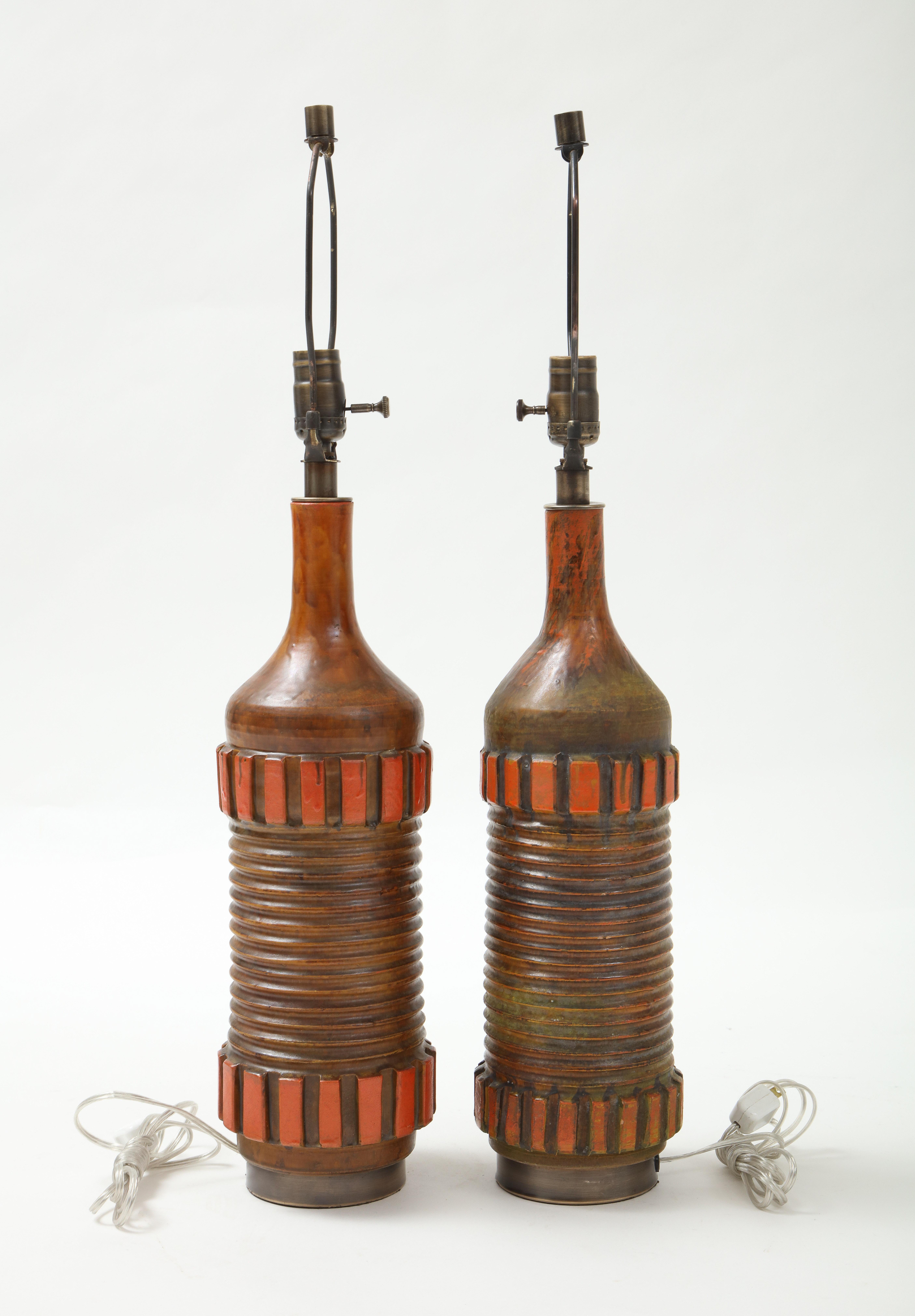 Mid-Century Modern Alvino Bagni, Bitossi Burnt Orange Ceramic Lamps