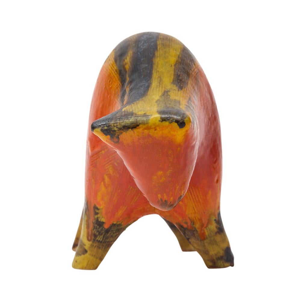 Mid-Century Modern Alvino Bagni Bull, Ceramic, Orange, Red, Yellow and Brown, Signed For Sale