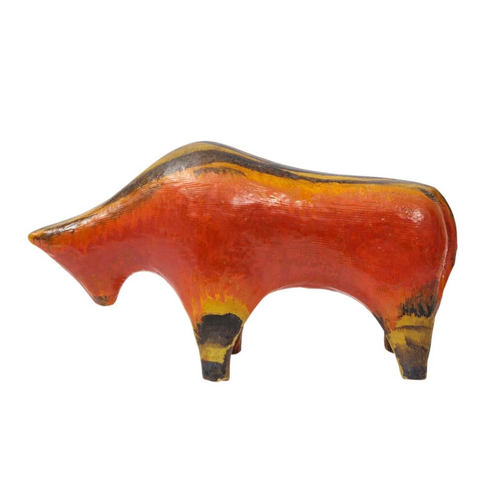 Mid-20th Century Alvino Bagni Bull, Ceramic, Orange, Red, Yellow and Brown, Signed For Sale