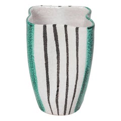 Vintage Alvino Bagni Ceramic Vase Green White & Black Stripes, Italy, 1950s 