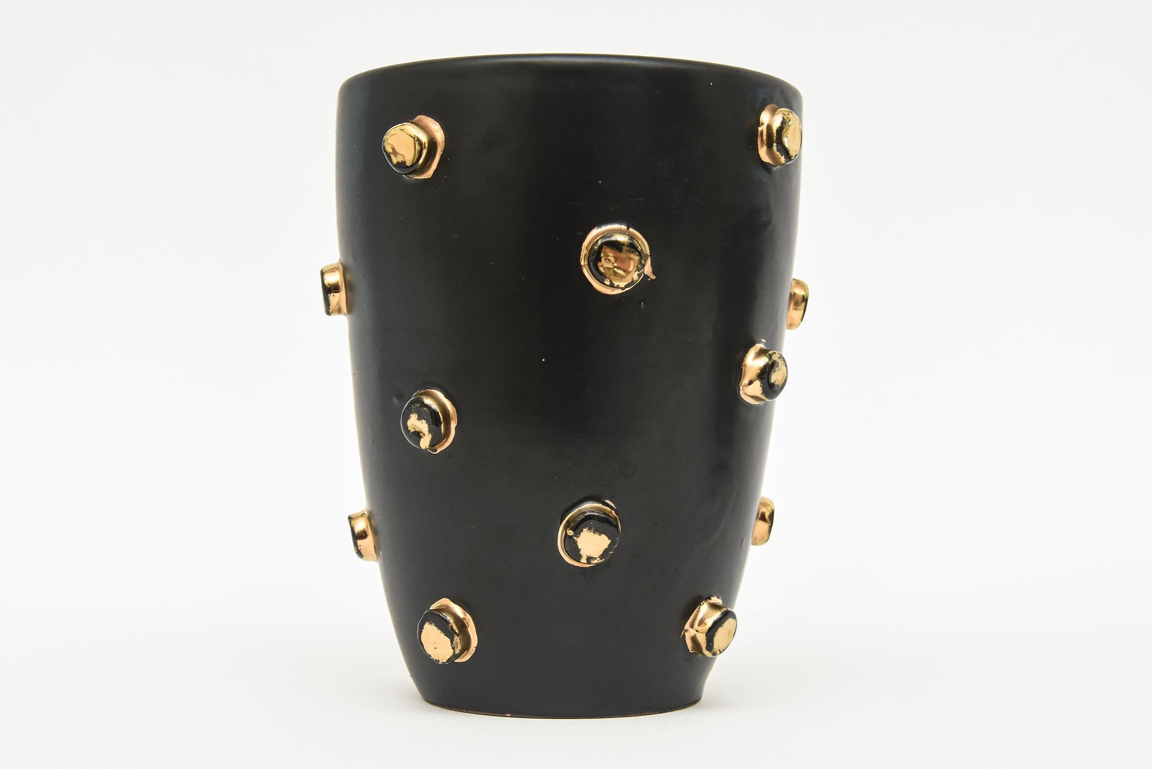 Vintage Alvino Bagni for Bitossi Black Ceramic Bowl and Vase with Gold Studs  For Sale 5