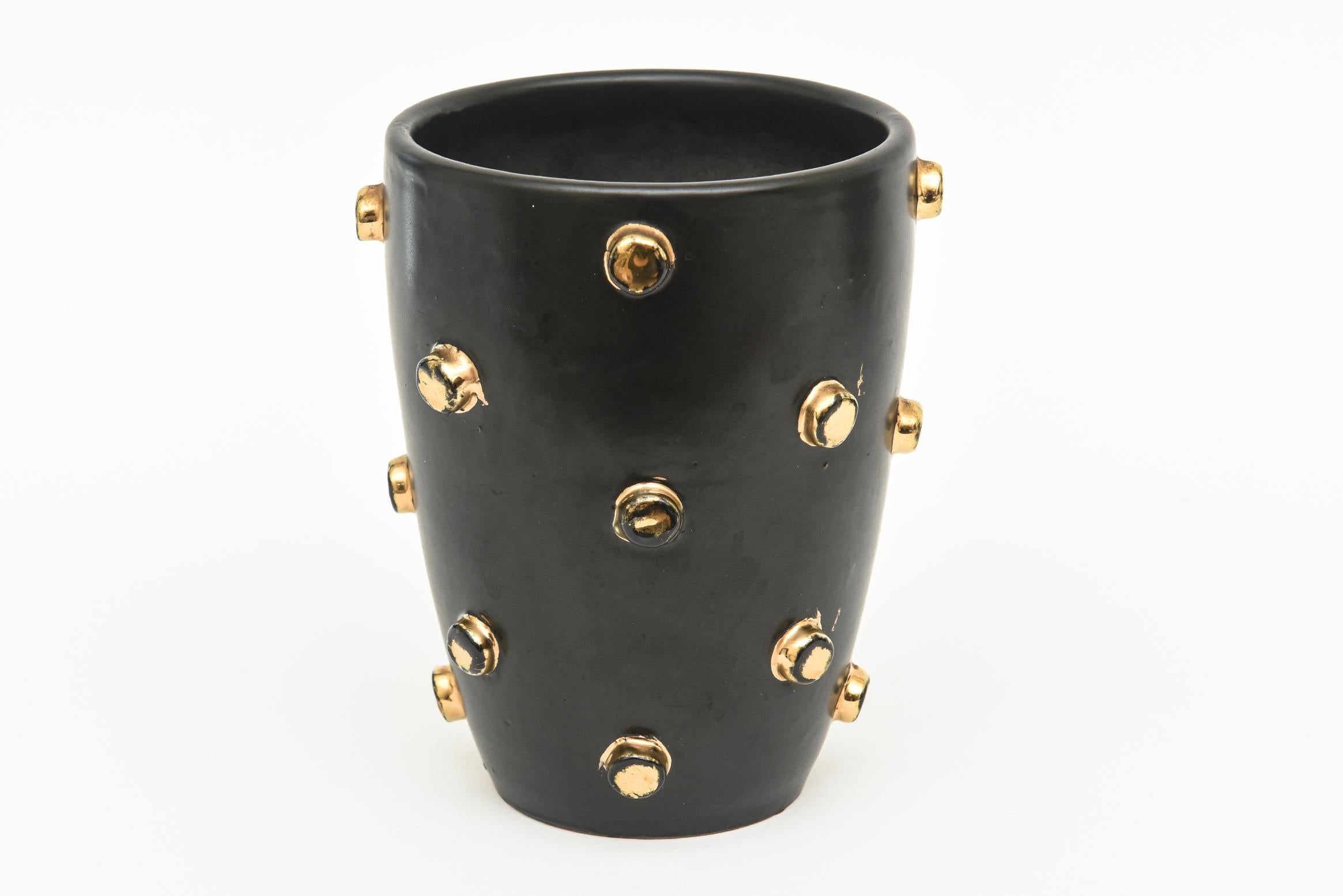 Vintage Alvino Bagni for Bitossi Black Ceramic Bowl and Vase with Gold Studs  For Sale 6