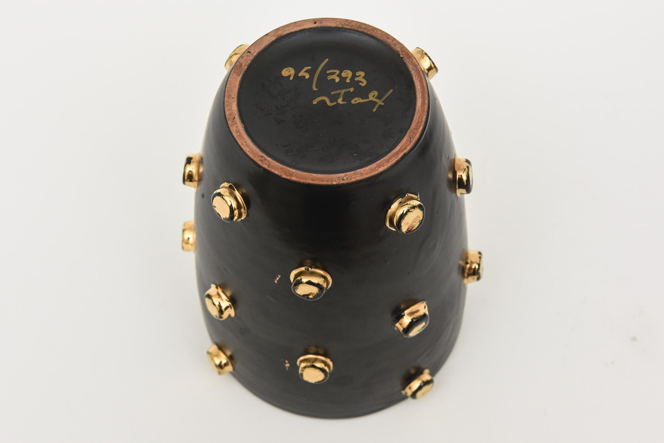 Vintage Alvino Bagni for Bitossi Black Ceramic Bowl and Vase with Gold Studs  For Sale 7