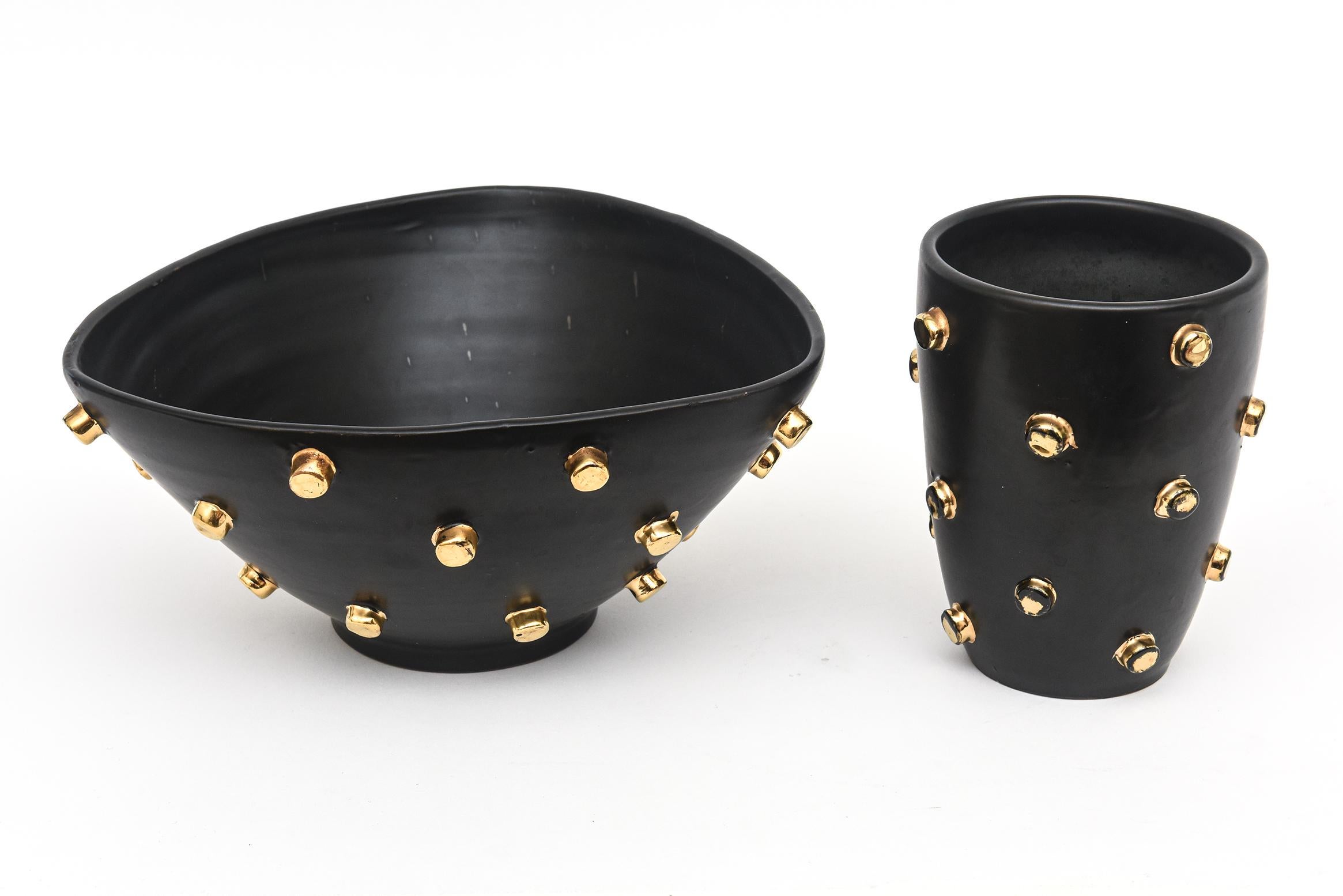 Vintage Alvino Bagni for Bitossi Black Ceramic Bowl and Vase with Gold Studs  For Sale 8