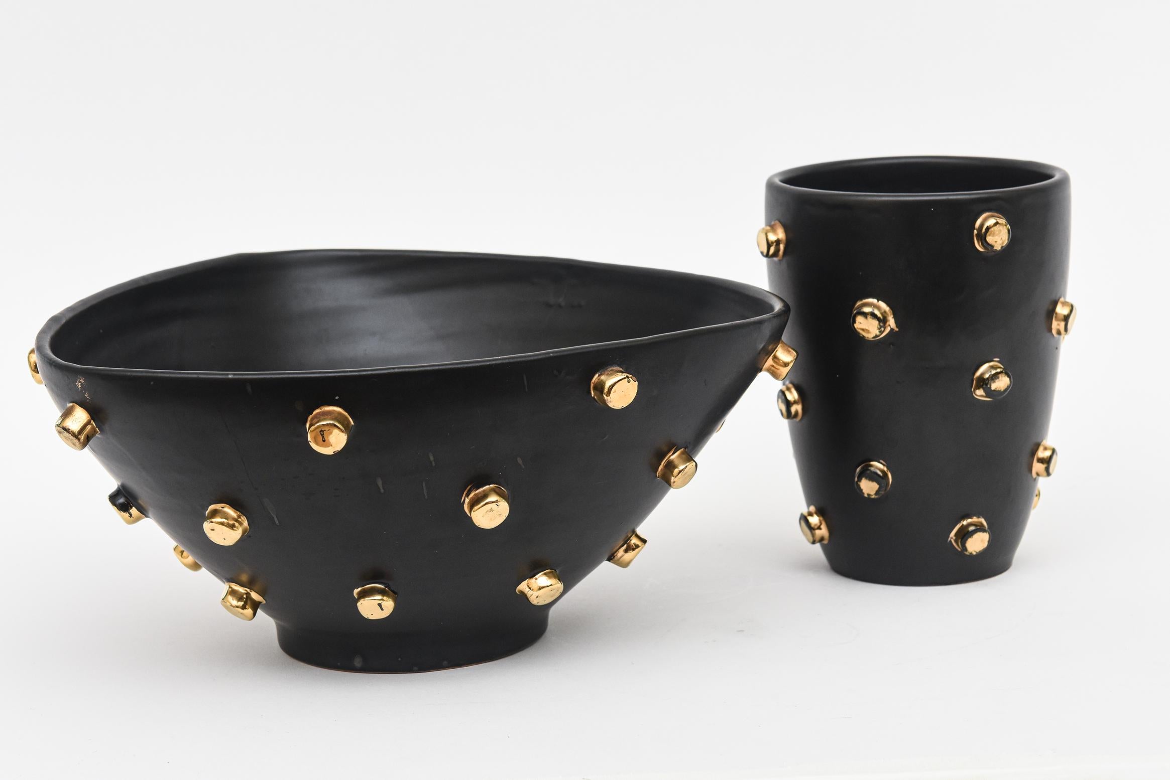 Vintage Alvino Bagni for Bitossi Black Ceramic Bowl and Vase with Gold Studs  For Sale 9