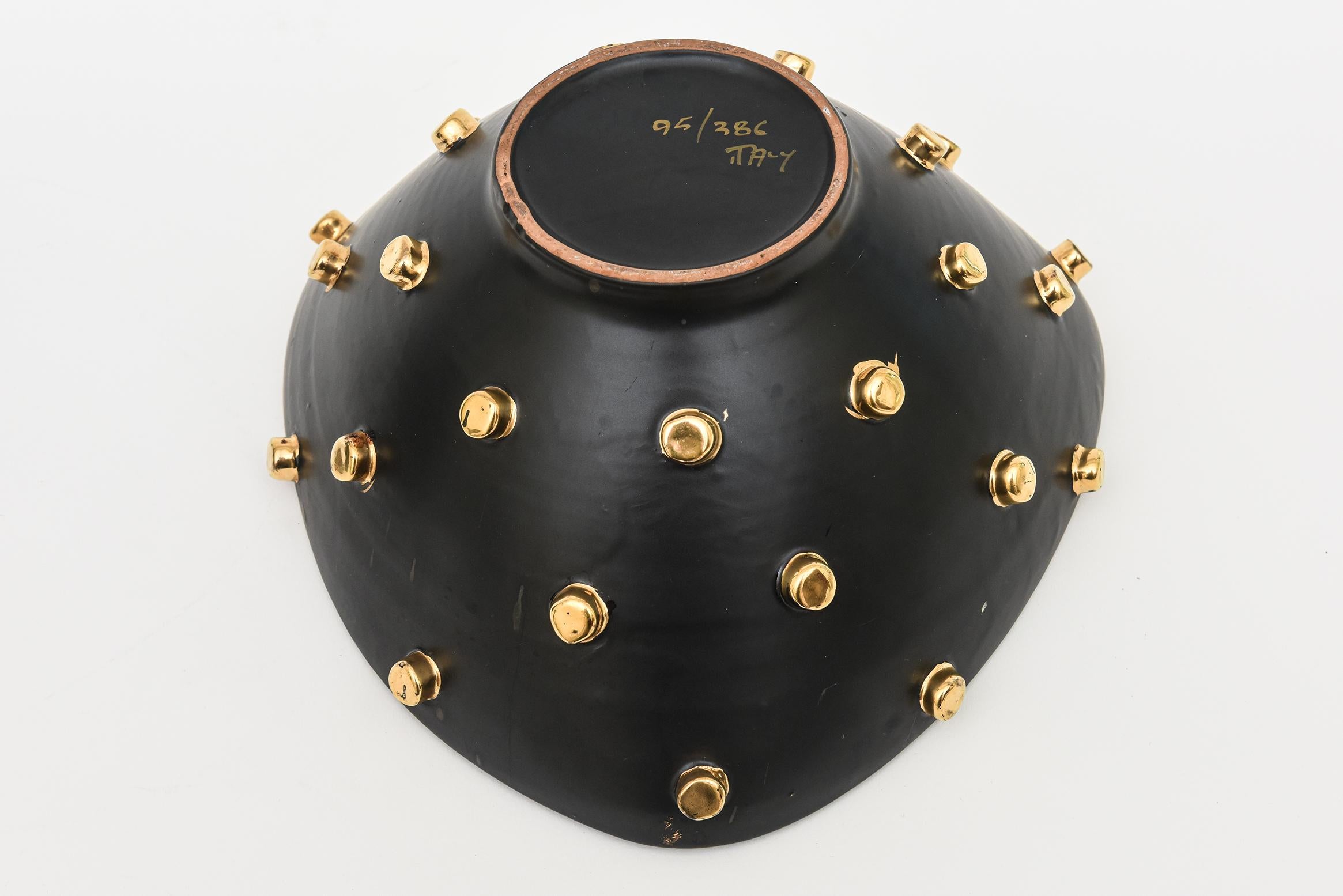 Alvino Bagni for Bitossi Black Ceramic Bowl and Vase with Gold Studs Vintage  For Sale 3