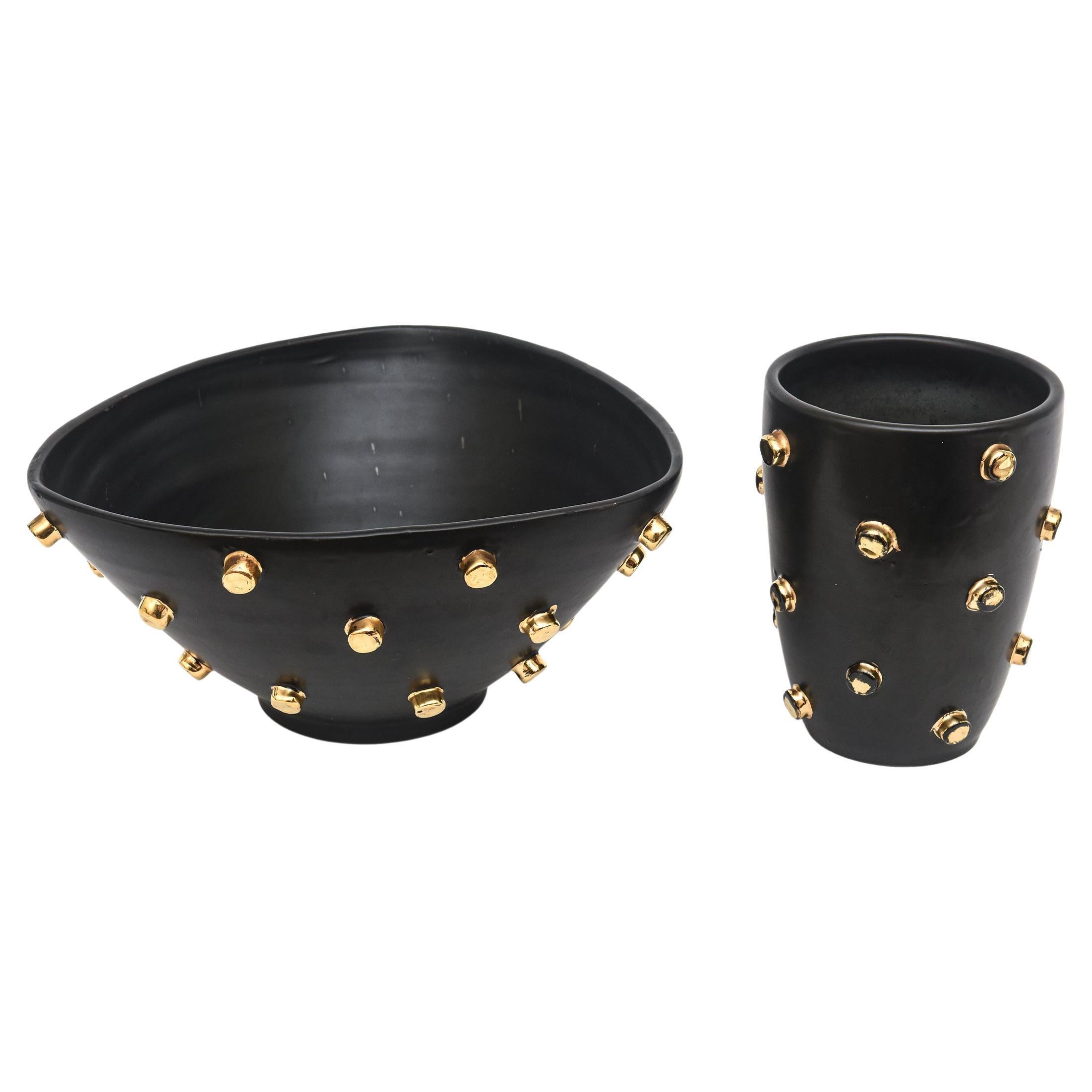 Alvino Bagni for Bitossi Black Ceramic Bowl and Vase with Gold Studs Vintage  For Sale