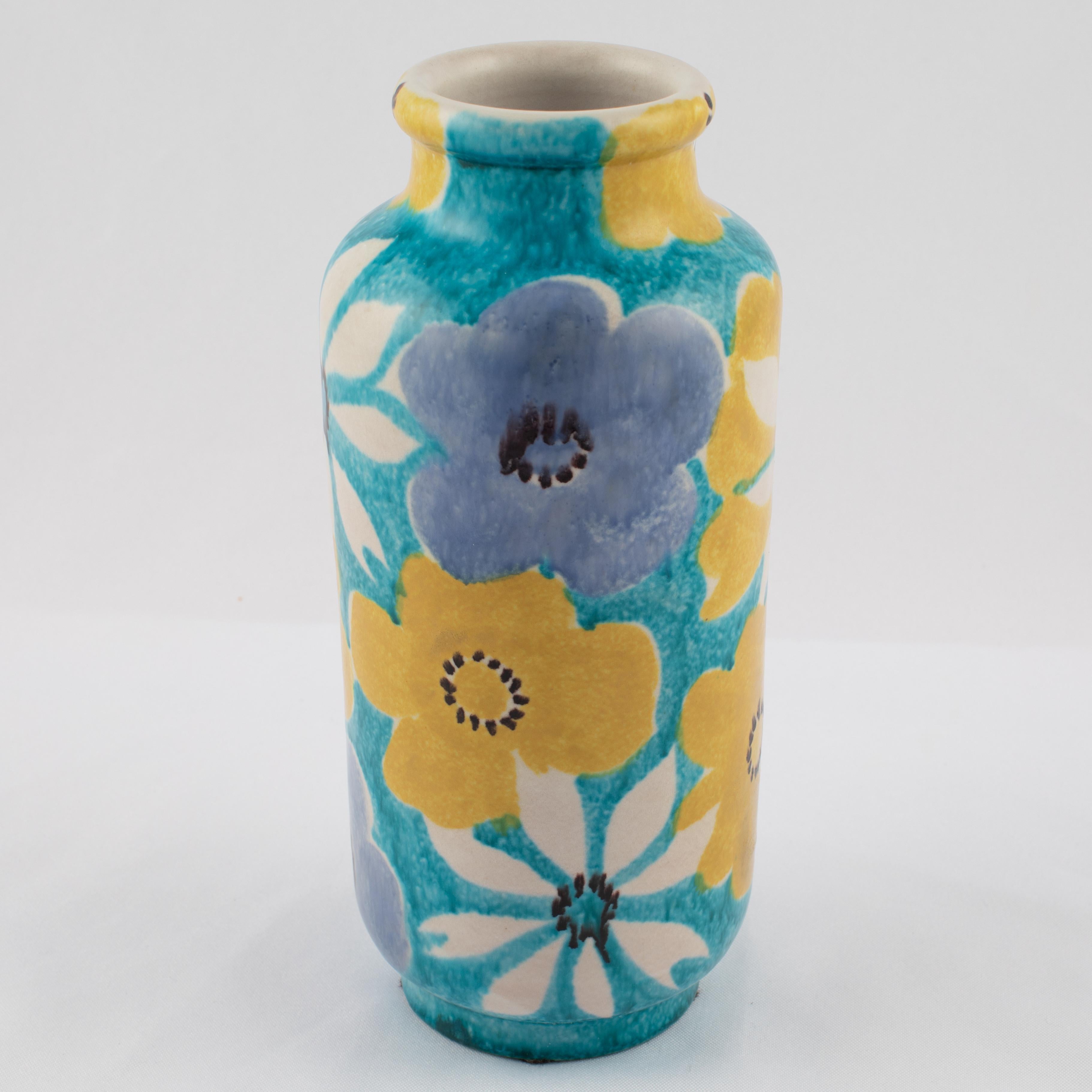 Glazed Alvino Bagni for Raymor Aqua Vase with Flowers, circa 1960s For Sale