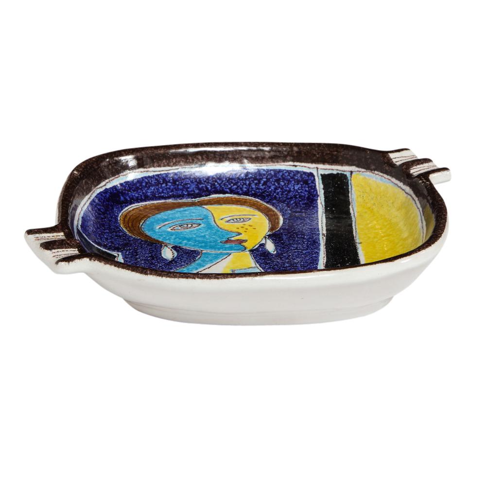 Mid-Century Modern Alvino Bagni for Raymor Ashtray, Ceramic, Cubist Woman, Blue, Yellow, Signed