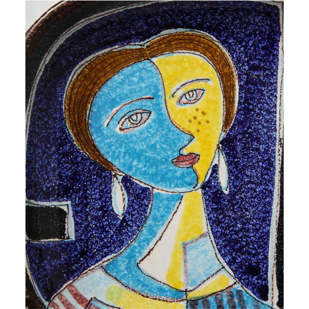 Italian Alvino Bagni for Raymor Ashtray, Ceramic, Cubist Woman, Blue, Yellow, Signed