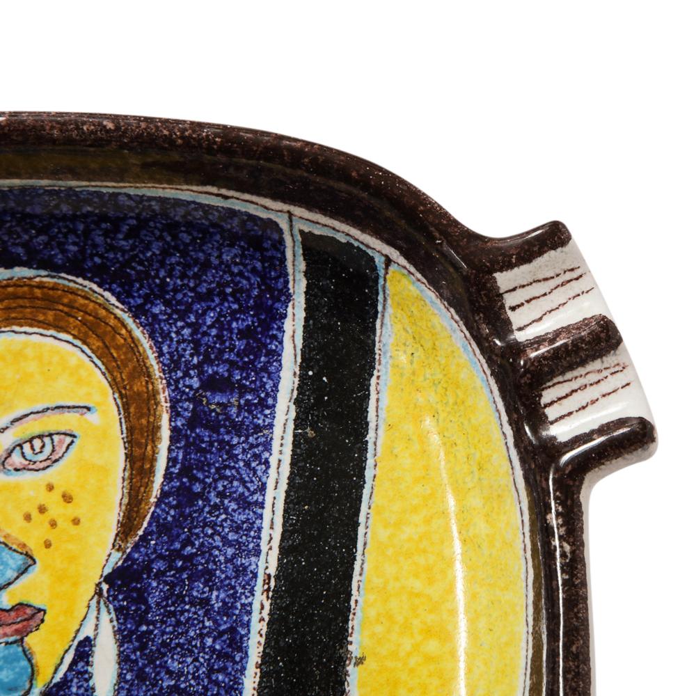 Glazed Alvino Bagni for Raymor Ashtray, Ceramic, Cubist Woman, Blue, Yellow, Signed