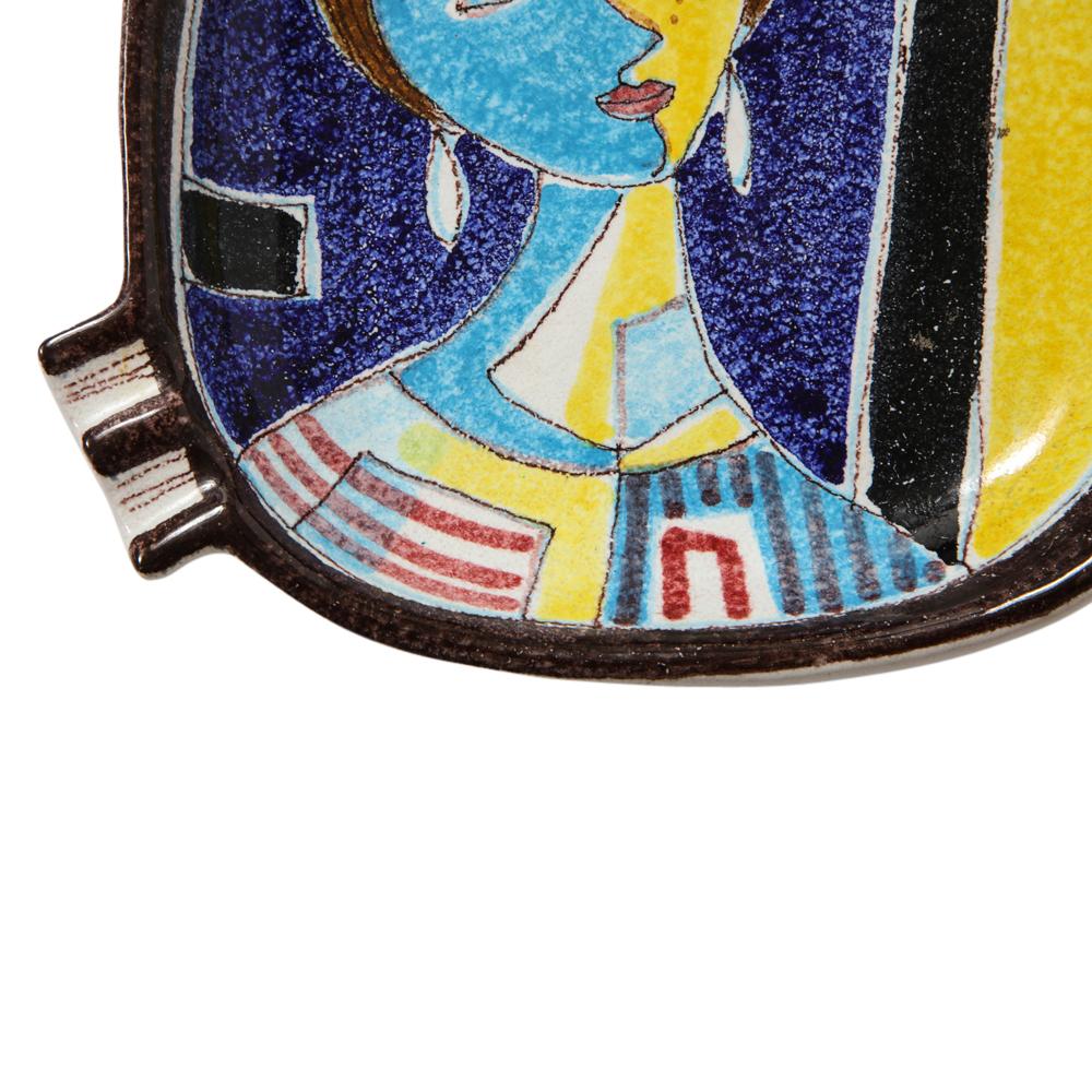 Alvino Bagni for Raymor Ashtray, Ceramic, Cubist Woman, Blue, Yellow, Signed In Good Condition In New York, NY