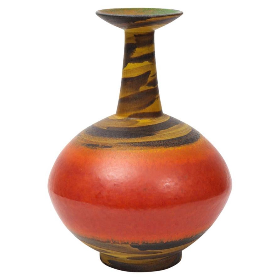 Alvino Bagni for Raymor Vase, Ceramic, Orange, Red, Yellow, Signed