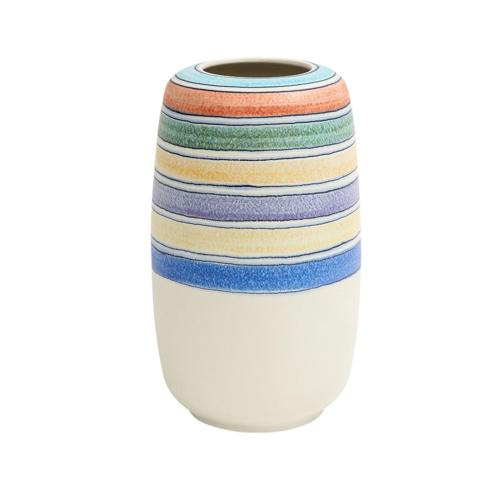 Alvino Bagni for Raymor, Vase, Ceramic, White, Stripes, Blue, Yellow, Signed For Sale 3