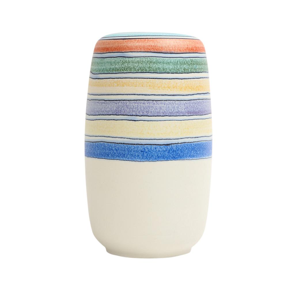 Mid-Century Modern Alvino Bagni for Raymor, Vase, Ceramic, White, Stripes, Blue, Yellow, Signed For Sale