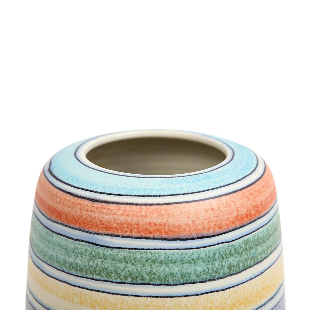 Italian Alvino Bagni for Raymor, Vase, Ceramic, White, Stripes, Blue, Yellow, Signed For Sale