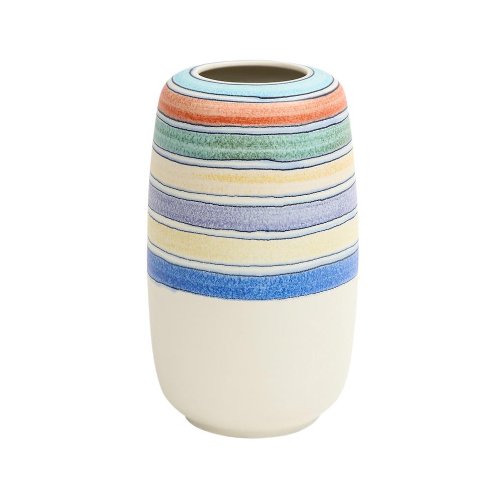 Alvino Bagni for Raymor, Vase, Ceramic, White, Stripes, Blue, Yellow, Signed In Good Condition For Sale In New York, NY