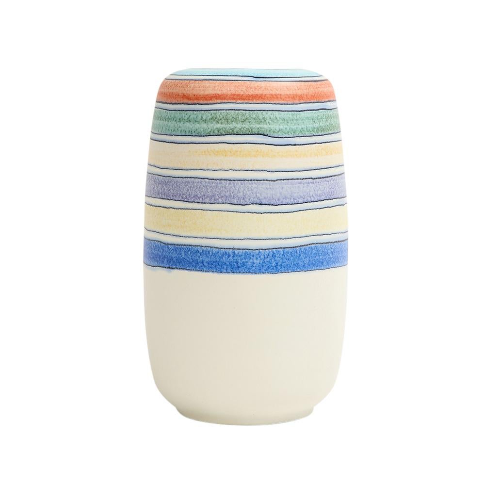 Late 20th Century Alvino Bagni for Raymor, Vase, Ceramic, White, Stripes, Blue, Yellow, Signed For Sale