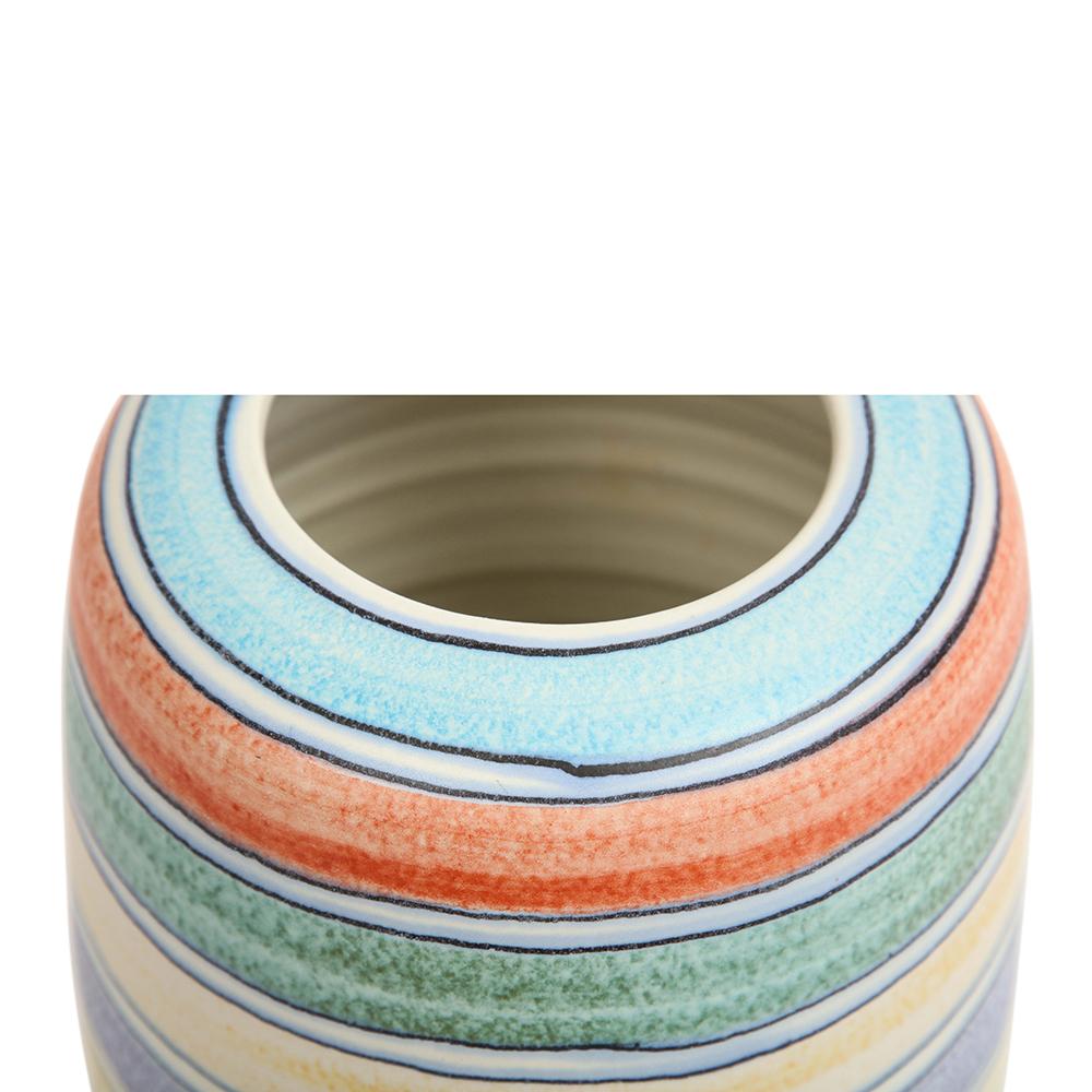 Alvino Bagni for Raymor, Vase, Ceramic, White, Stripes, Blue, Yellow, Signed For Sale 2