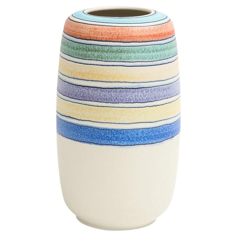 Vase en céramique Alvino Bagni pour Raymor, blanc, rayures, bleu, jaune, signé