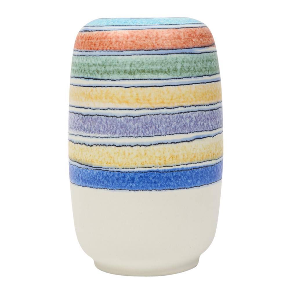 italien Vase Alvino Bagni pour Raymor, rayures en céramique, bleu, jaune, blanc, signé en vente