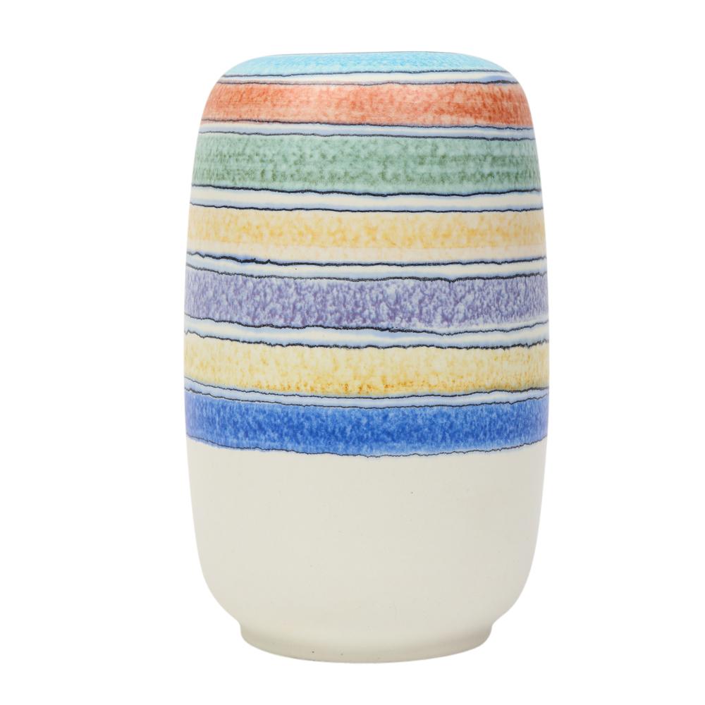 Alvino Bagni Vase für Raymor, keramische Streifen, blau, gelb, weiß, signiert (Italienisch) im Angebot