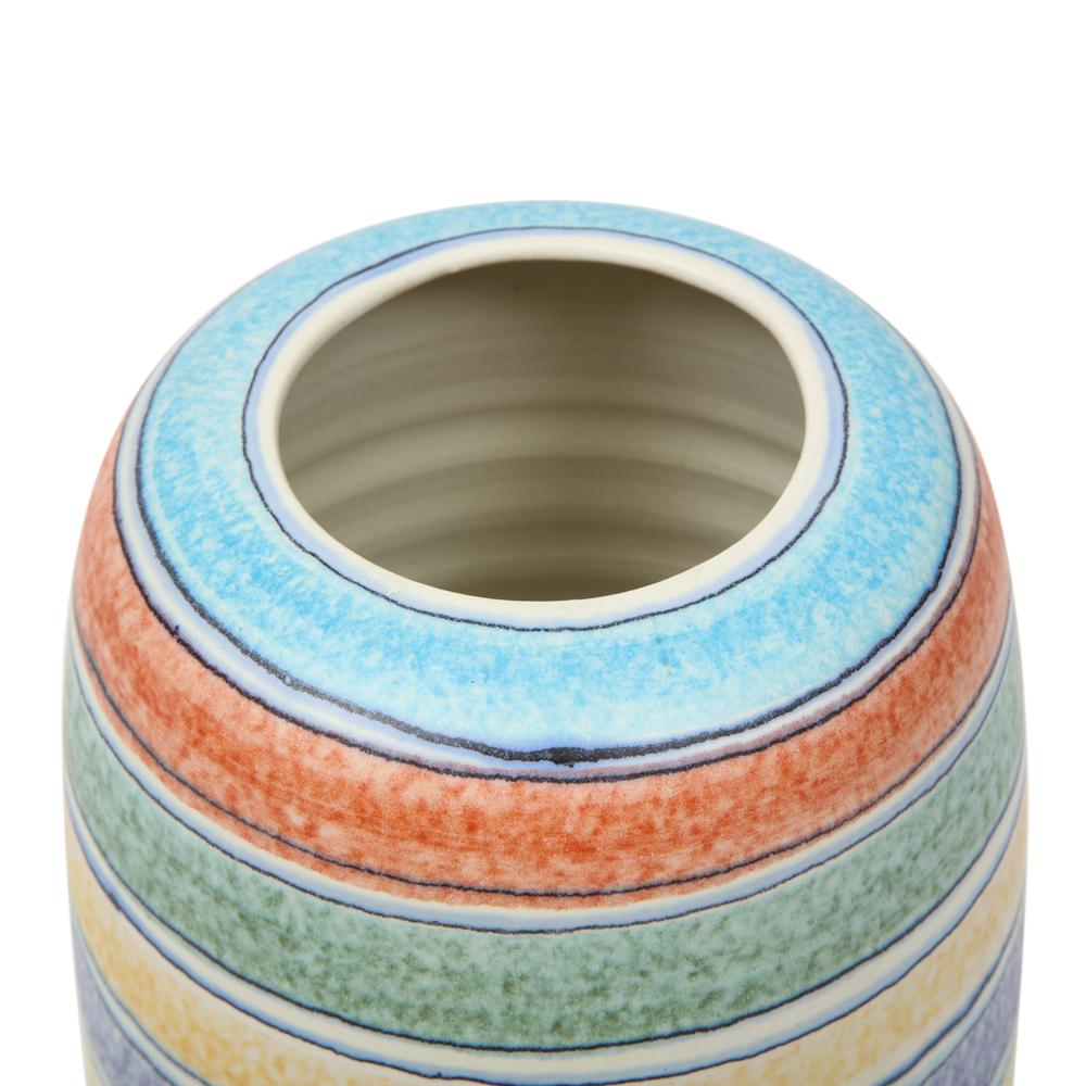 Italian Alvino Bagni Vase for Raymor, Ceramic Stripes, Blue, Yellow, White, Signed For Sale