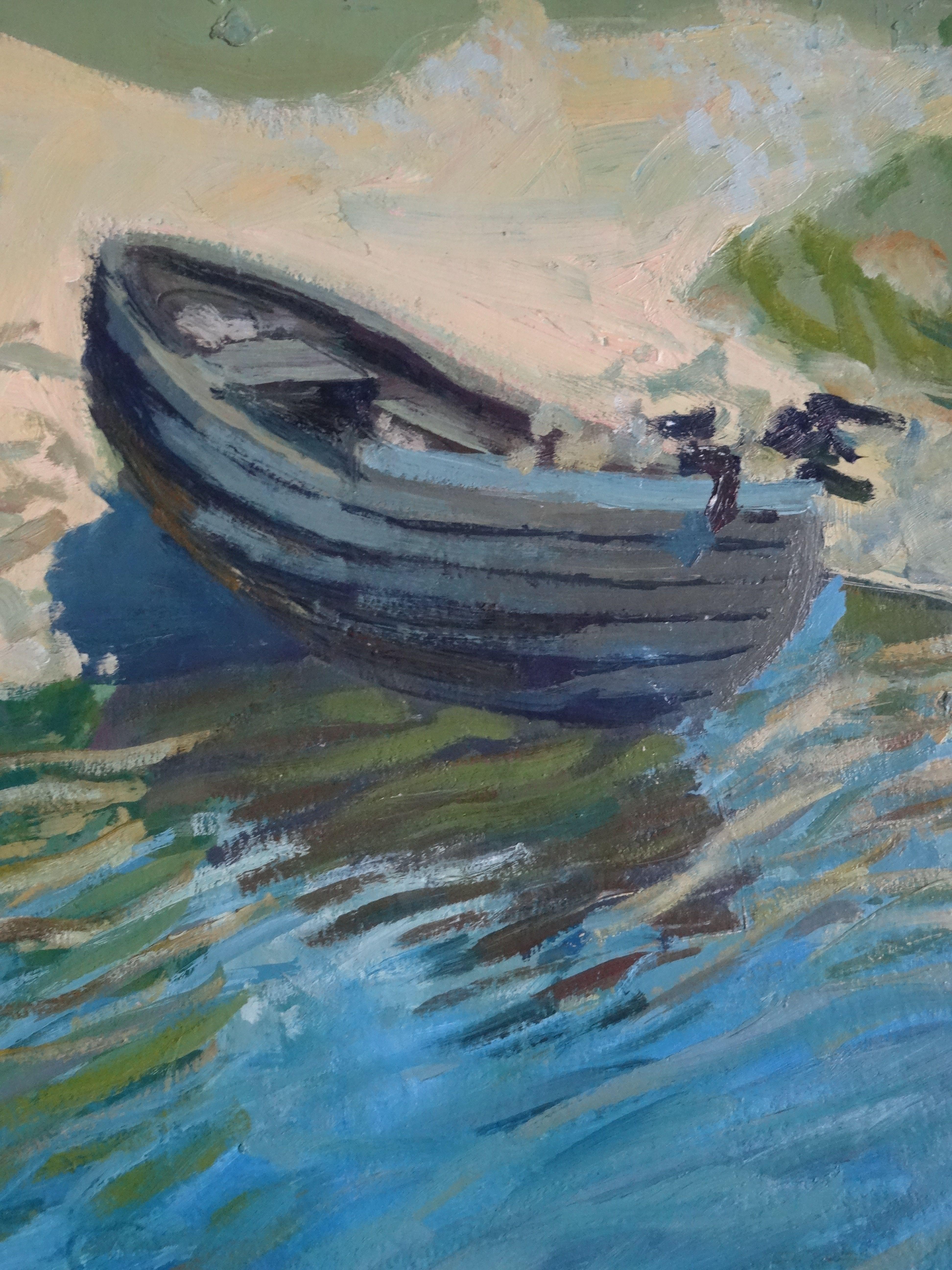 Barco en la orilla del río. Óleo sobre cartón, 50x35 cm - Art Realista de Alvis Zemzaris 