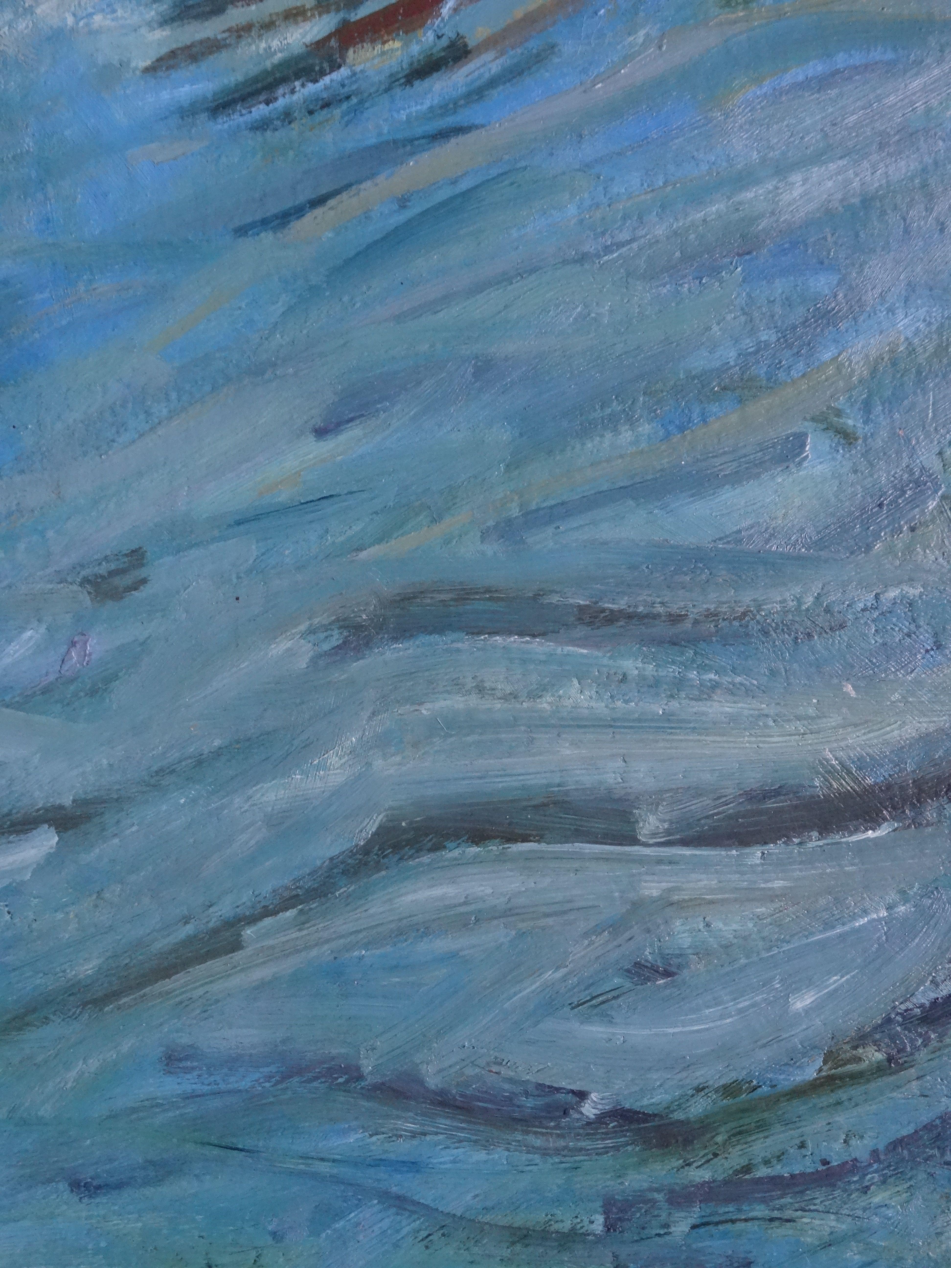 Boot an der Flussbucht. Öl auf Karton, 50x35 cm (Blau), Landscape Art, von Alvis Zemzaris 