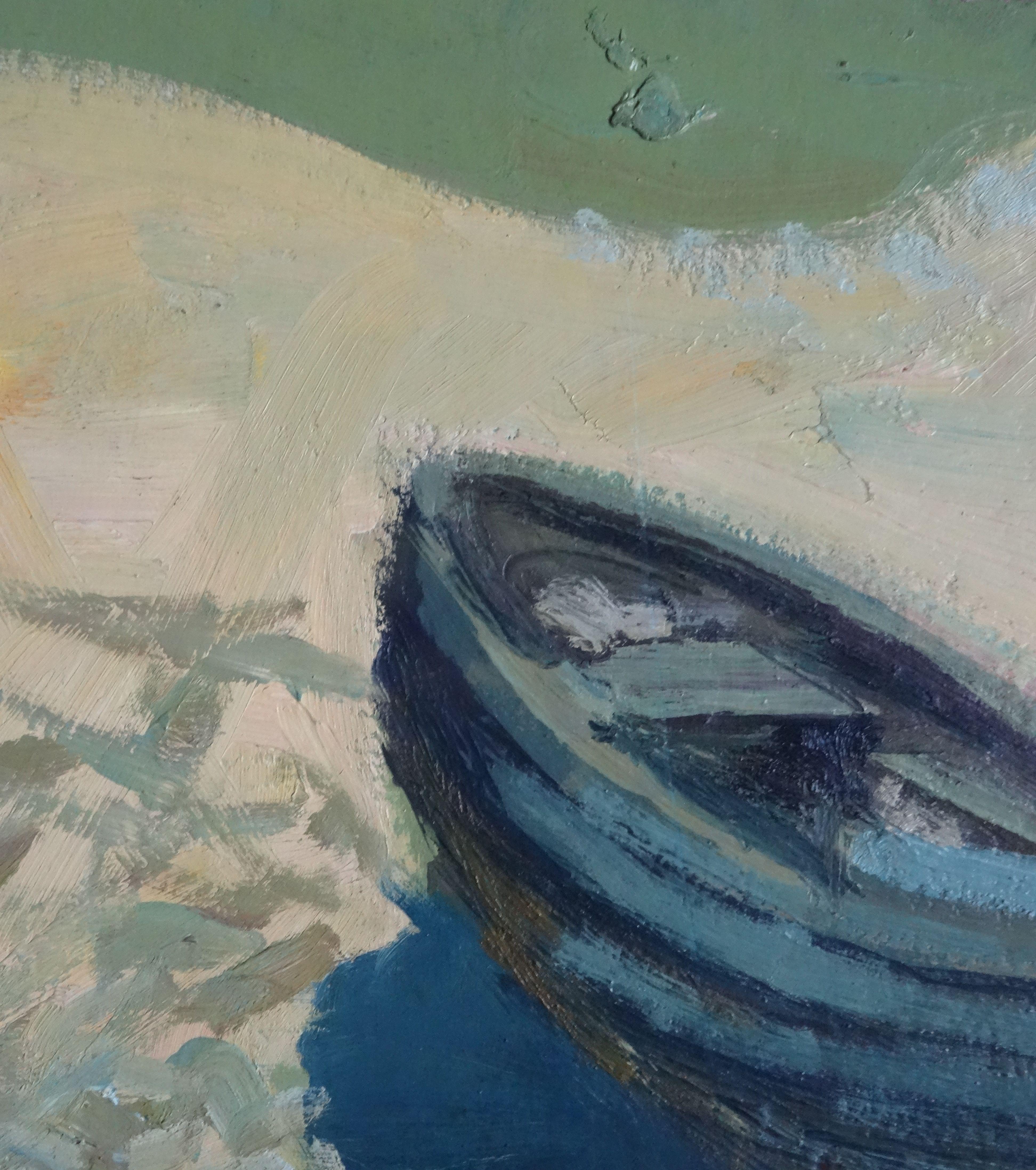 Boat on the river bank. Oil on cardboard, 50x35 cm - Blue Landscape Art by Alvis Zemzaris 