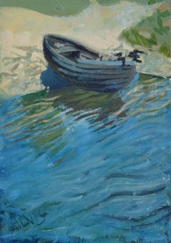 Boat on the river bank. Oil on cardboard, 50x35 cm