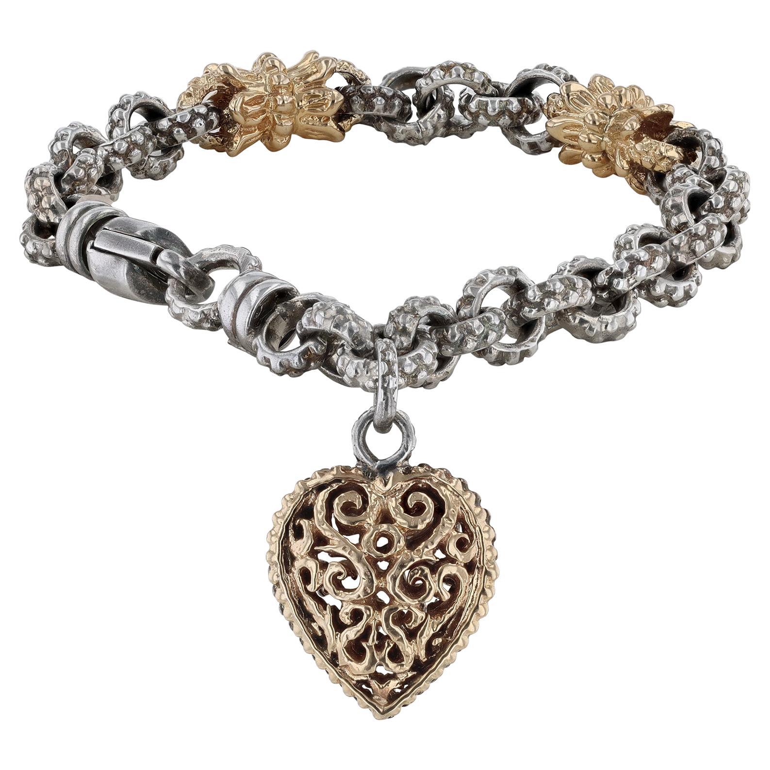 Alwand Vahan Ladies Sterling Silver 14K Yellow Gold Heart Link Bracelet For Sale