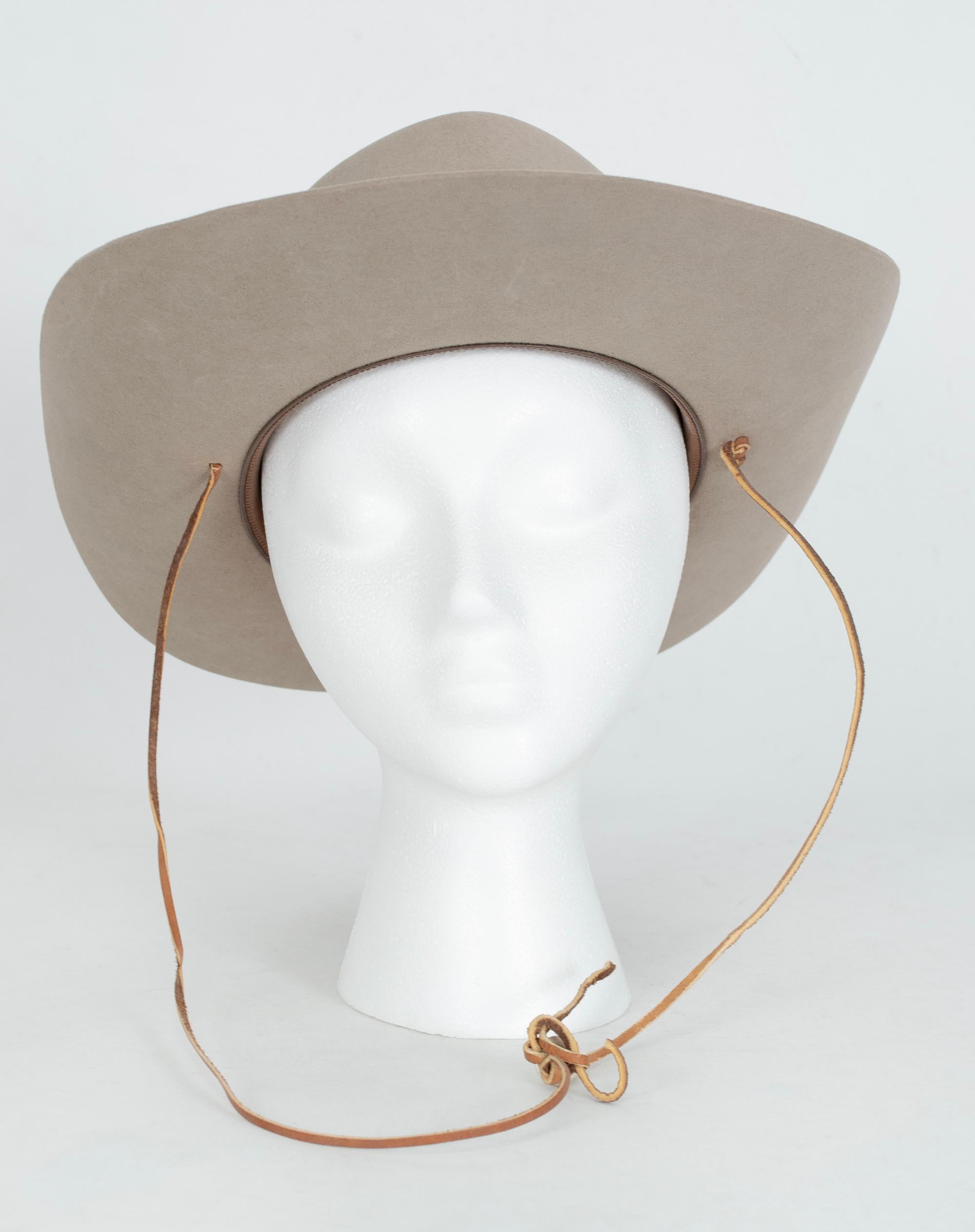 Worn by Clint Eastwood and Stevie Ray Vaughan, the Gambler is a stylish Wild West original. This one is the real deal from the days of Gene Autry, down to its bucking bronco label.

Stiff felt cowboy Gambler hat with upturned sides and telescoping