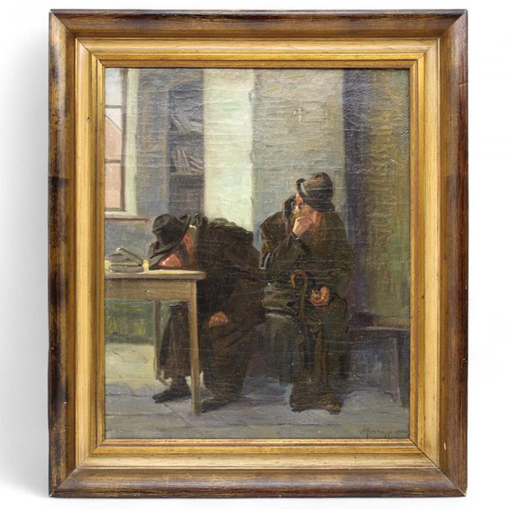 A remarkable early 20th-century oil painting by Austrian artist Alwin Arnegger, portraying two elderly Jewish rabbis in quiet repose within a synagogue interior. The work, entitled Zwei Rastende Rabbiner (“Two Resting Rabbis”), captures with